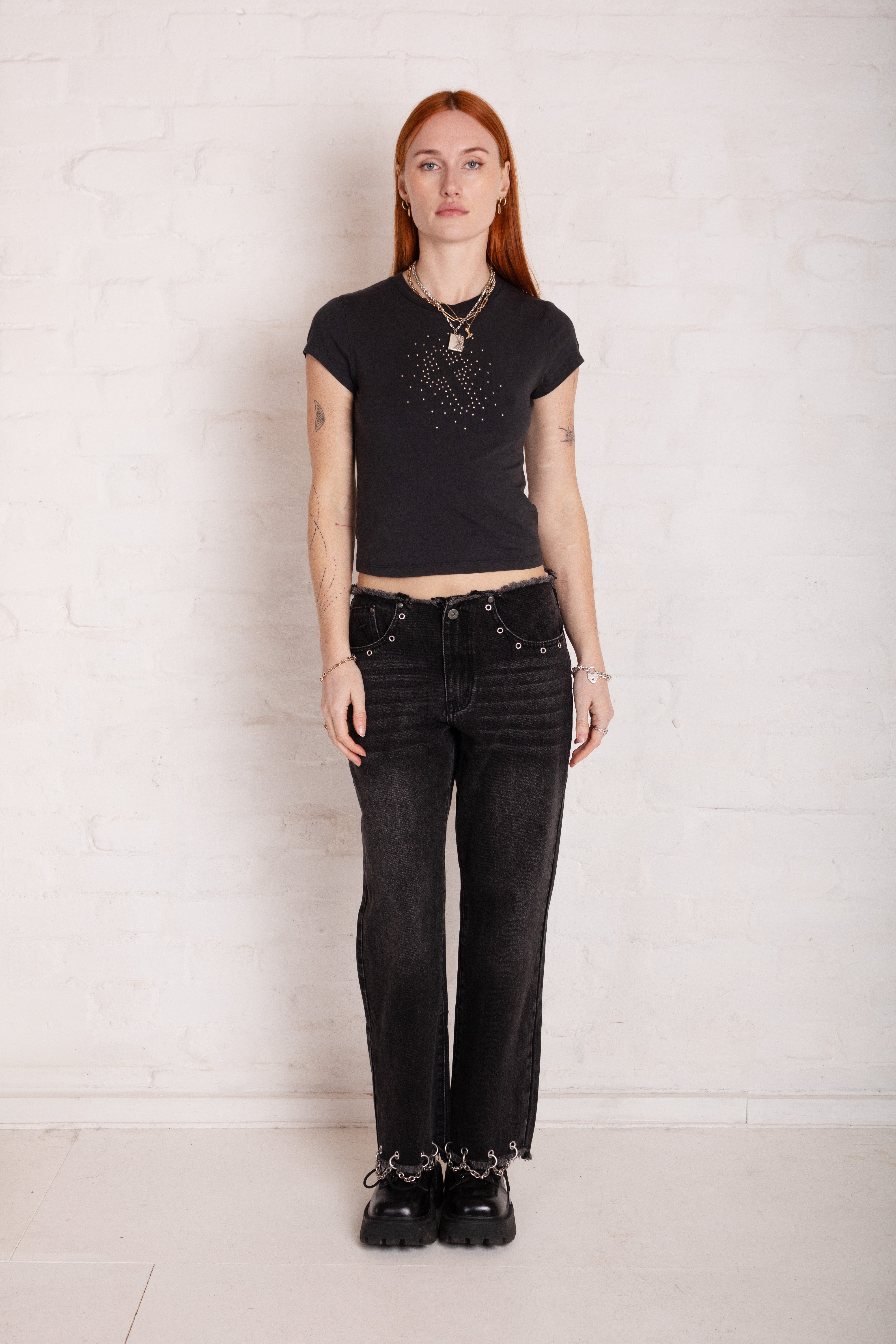 Chained Washed Black Straight Jeans