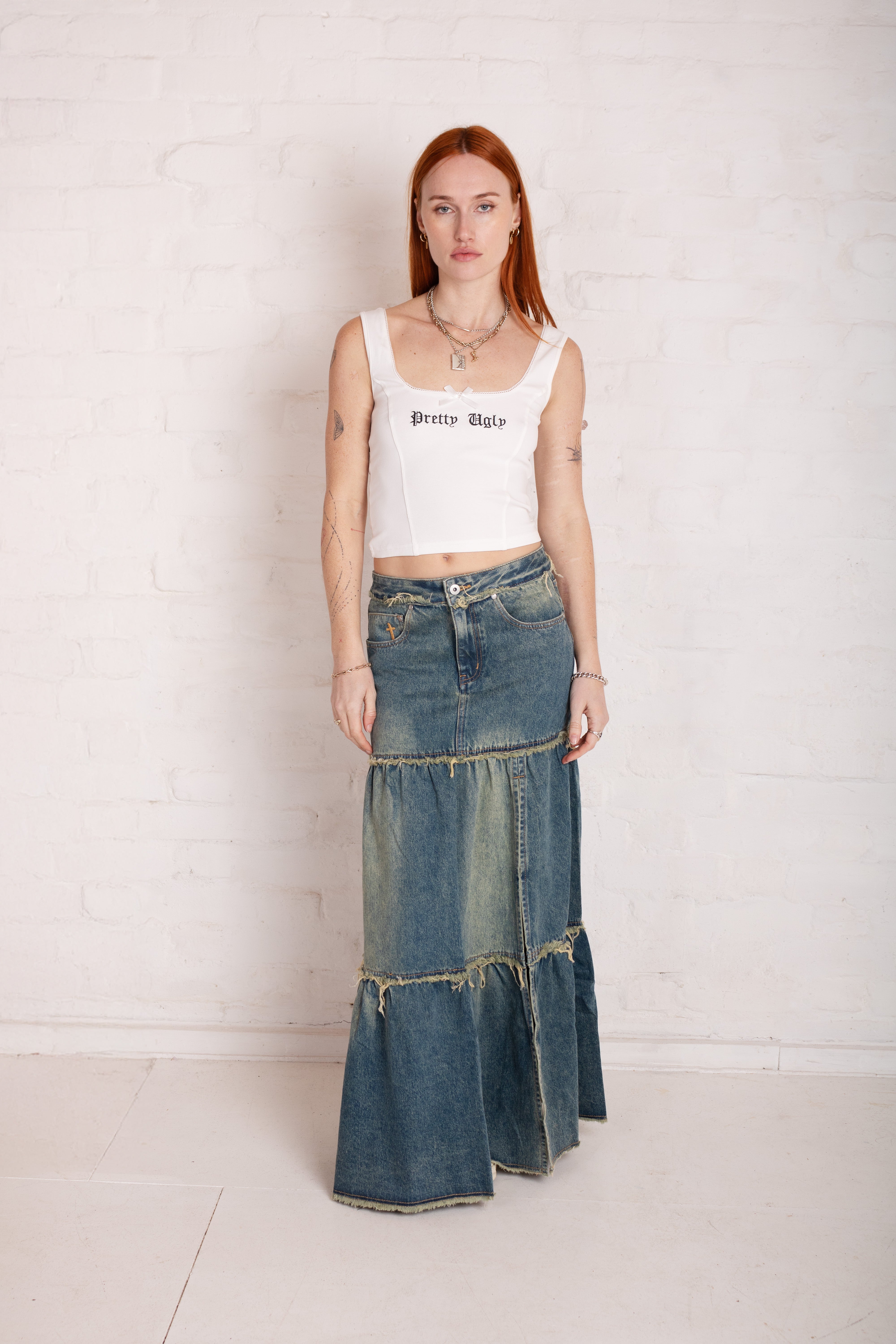 Dirty Wash Tiered Denim Maxi Skirt