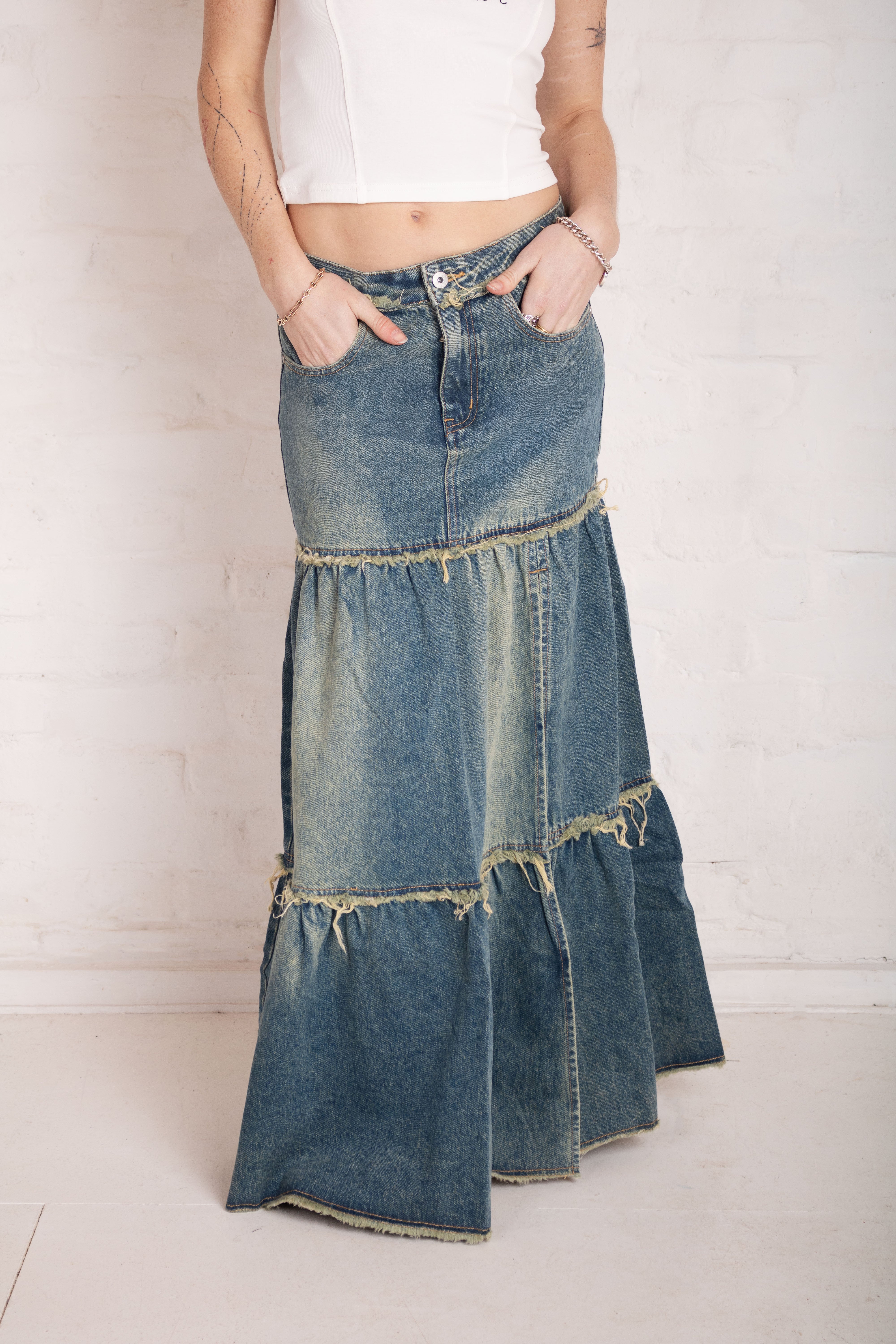 Dirty Wash Tiered Denim Maxi Skirt 3 Dirty Wash Tiered Denim Maxi Skirt