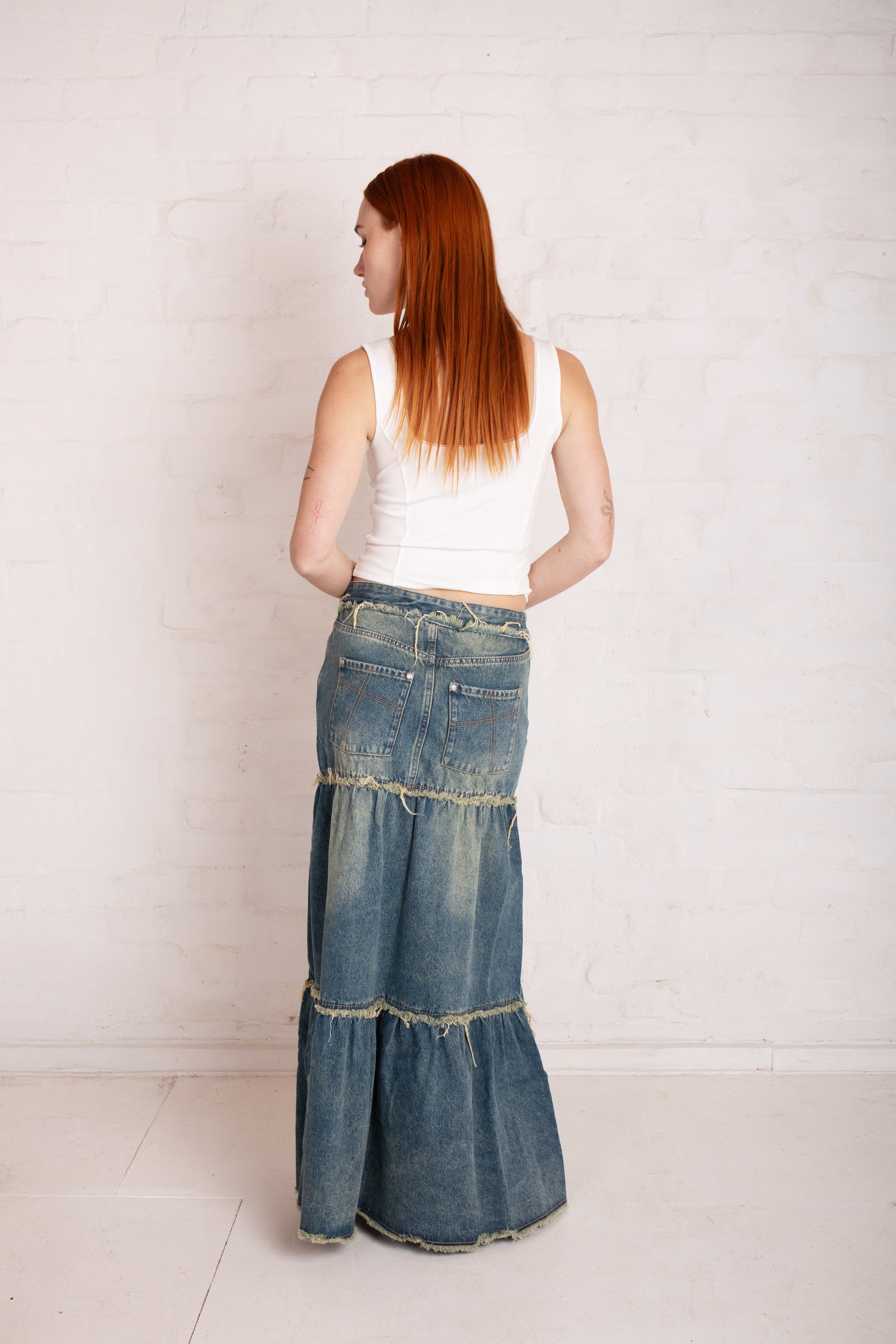 Dirty Wash Tiered Denim Maxi Skirt 4 Dirty Wash Tiered Denim Maxi Skirt