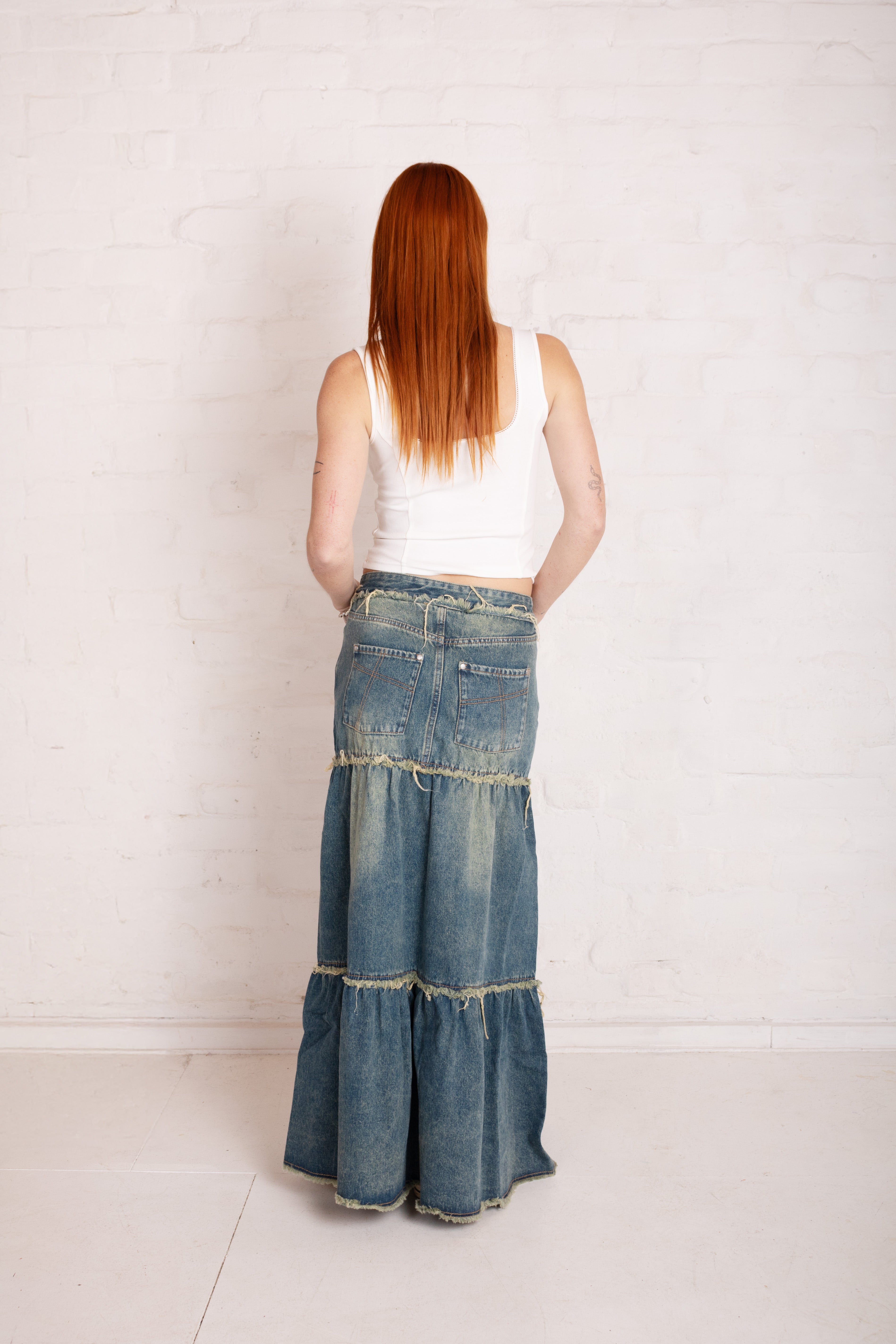 Dirty Wash Tiered Denim Maxi Skirt 5 Dirty Wash Tiered Denim Maxi Skirt