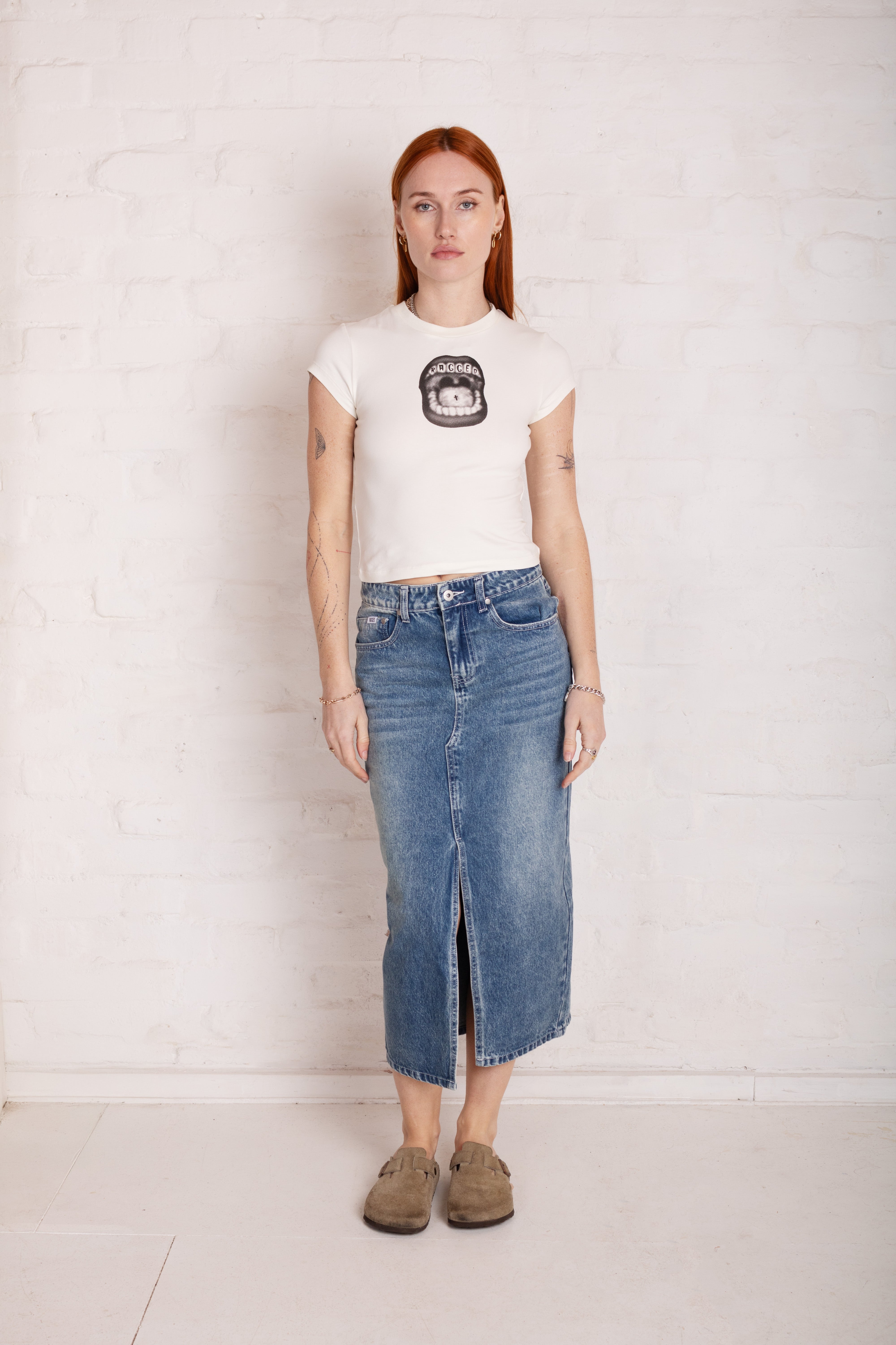 Vintage Washed Denim Midi Skirt